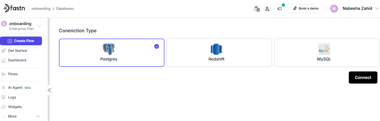 Database Connector setup showing options for PostgreSQL, Redshift, and MySQL integration