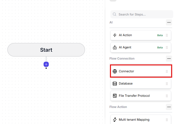 Flow editor right sidebar showing Flow Connection panel for adding connectors to a flow step