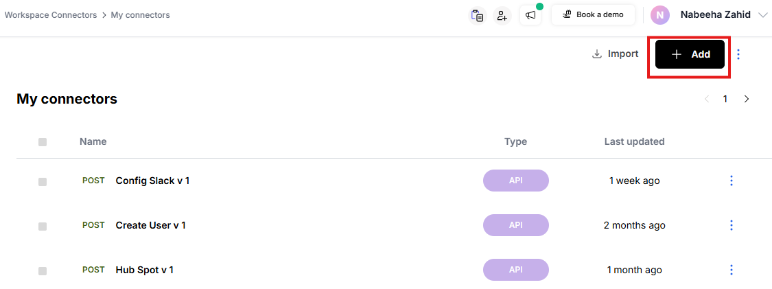 Workspace connectors page with the Add button in the top right corner for creating new connectors