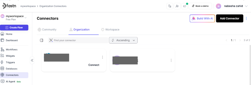 Organization Connectors page showing shared connectors available to all organization members