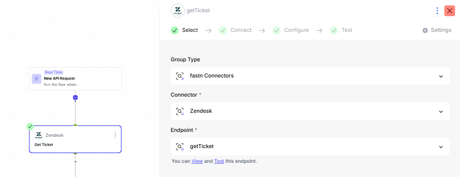 Flow builder showing a Zendesk Get Ticket connector step with its Select, Connect, Configure, and Test panel