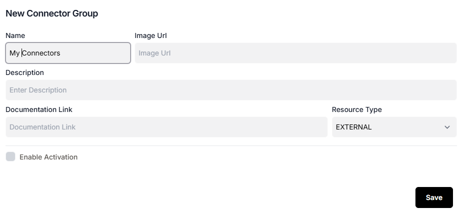 Add Connector Group form with fields for name, image URL, description, documentation link, and resource type