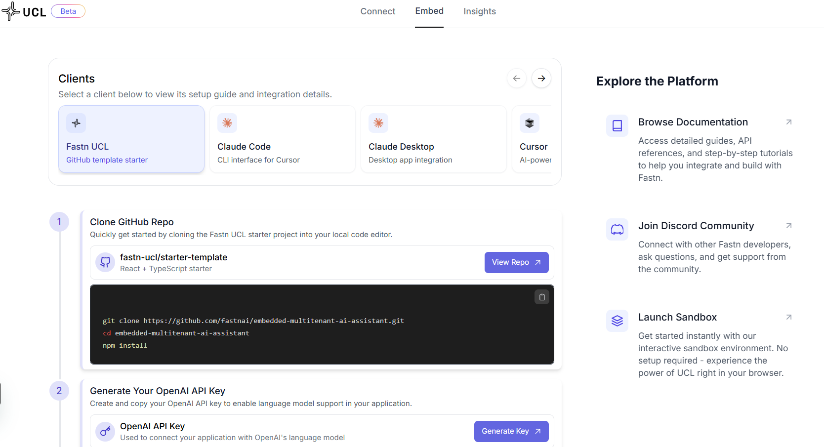 UCL Embed section showing list of AI clients with step-by-step connection guides