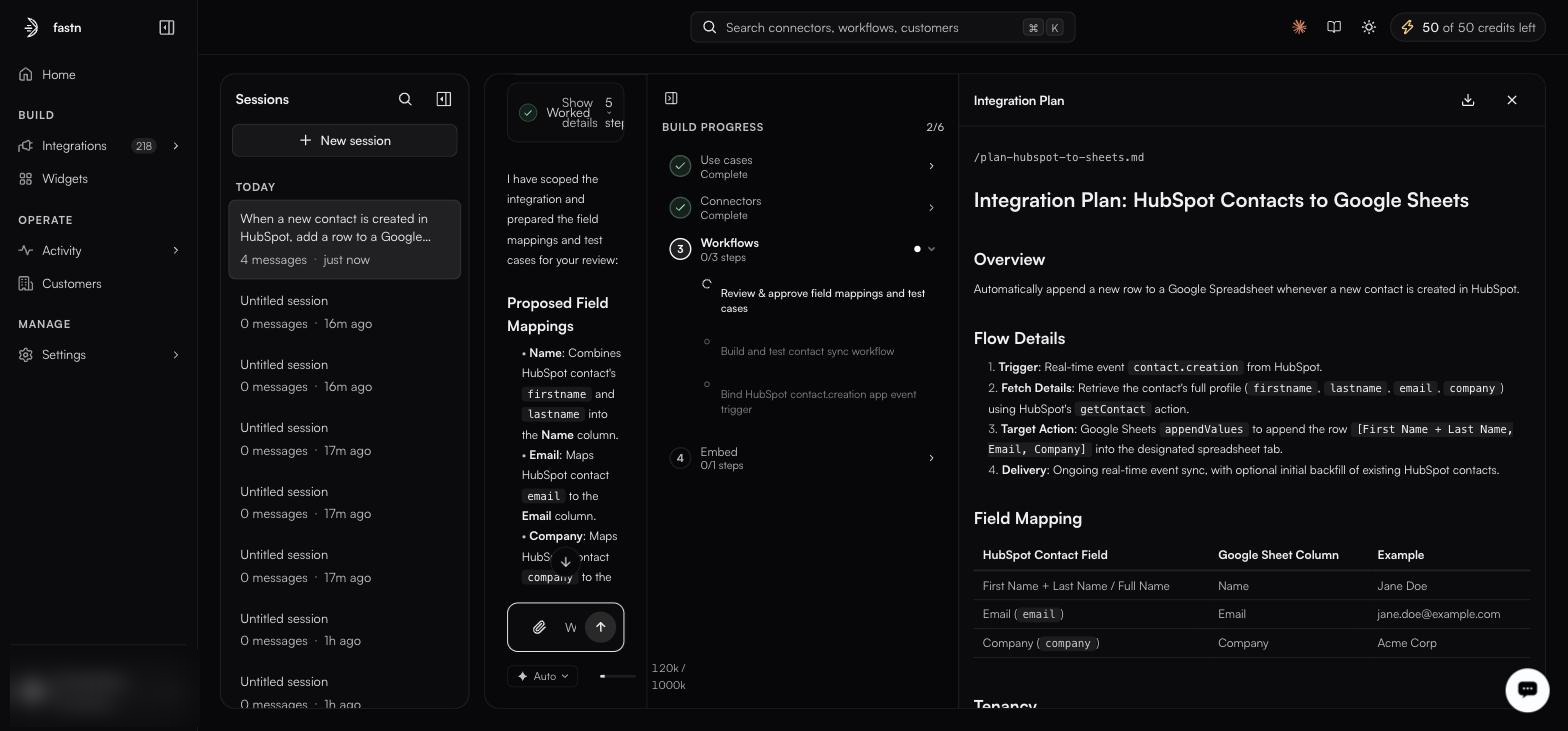 The BUILD PROGRESS tracker at 2 of 6: Use cases and Connectors marked Complete with green checks, Workflows in progress showing three substeps, and Embed pending; the chat on the left shows a Proposed Field Mappings message