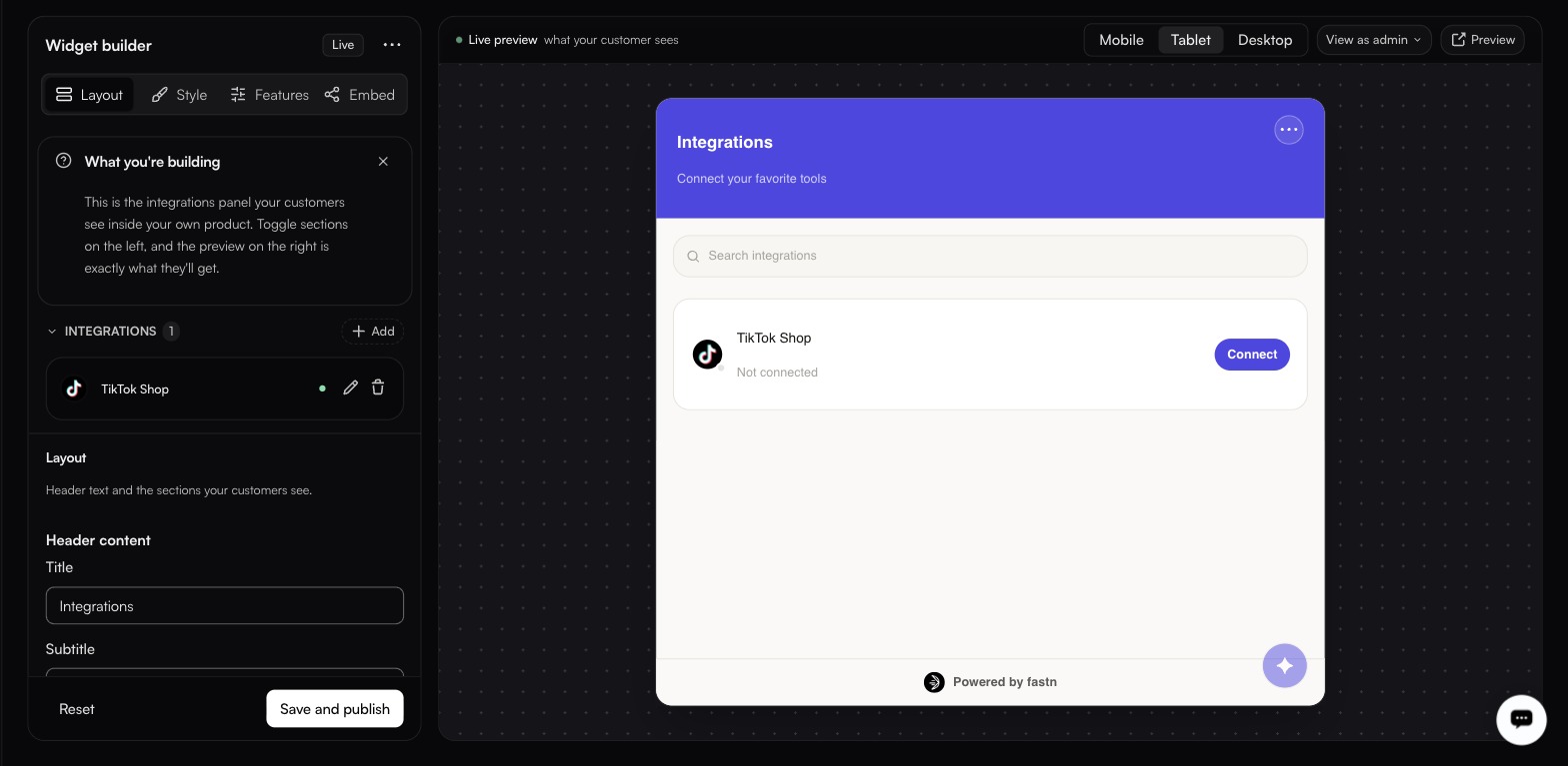 Widget builder, Layout tab, badged Live, beside a Tablet-width preview: purple Integrations header, Connect your favorite tools, a search box, and TikTok Shop marked Not connected