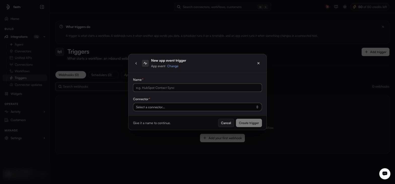 The New app event trigger form, showing the progressive steps: name, connector, connection and event, then the routes that point at a workflow