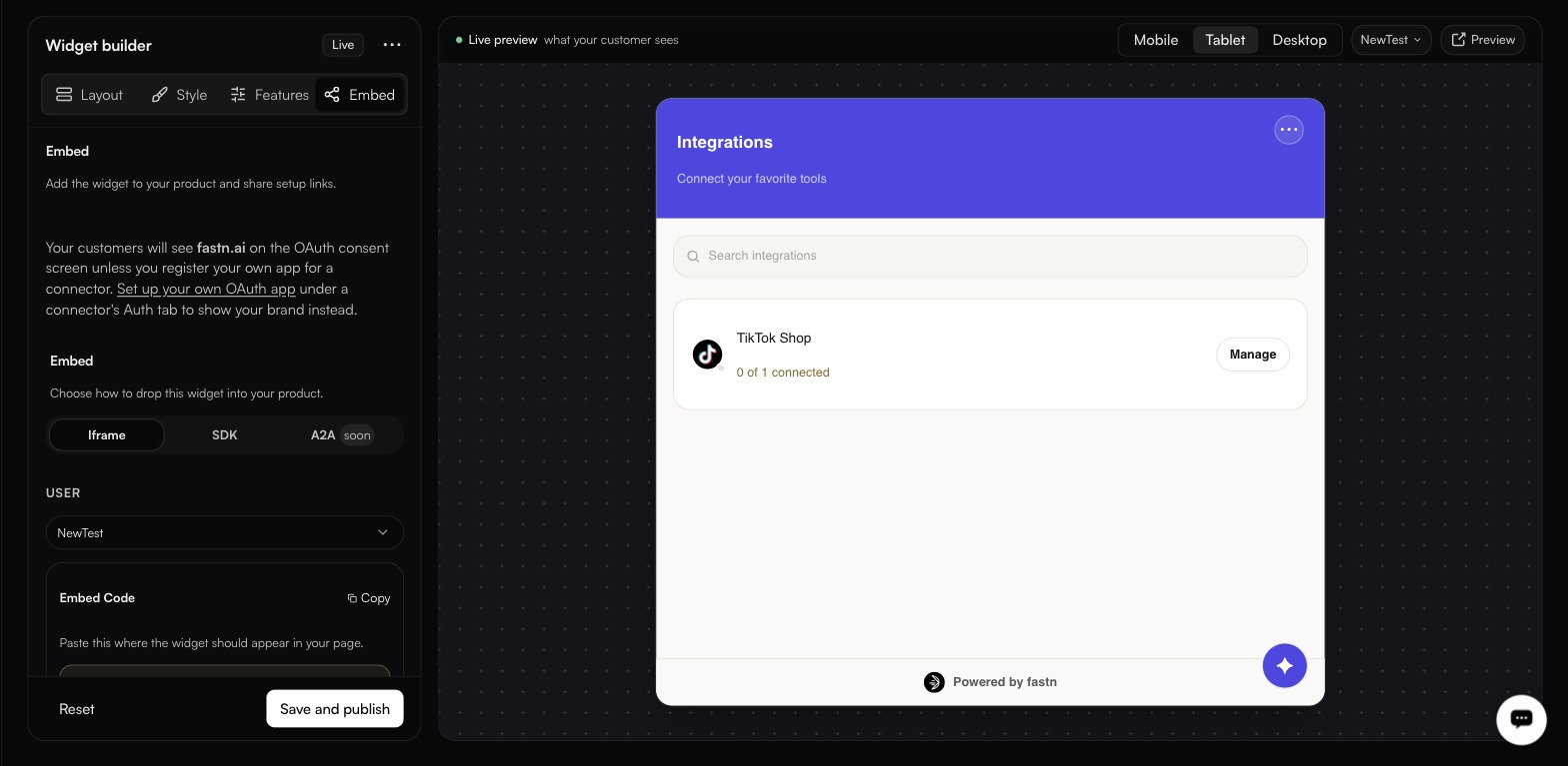 The Embed tab with Iframe selected beside SDK and A2A soon, a USER selector set to NewTest, and an Embed Code block with a Copy button, beside a preview reading TikTok Shop, 0 of 1 connected