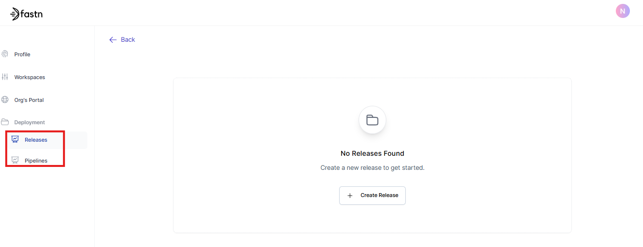 Fastn Settings sidebar with Releases and Pipelines options highlighted under the Deployment section