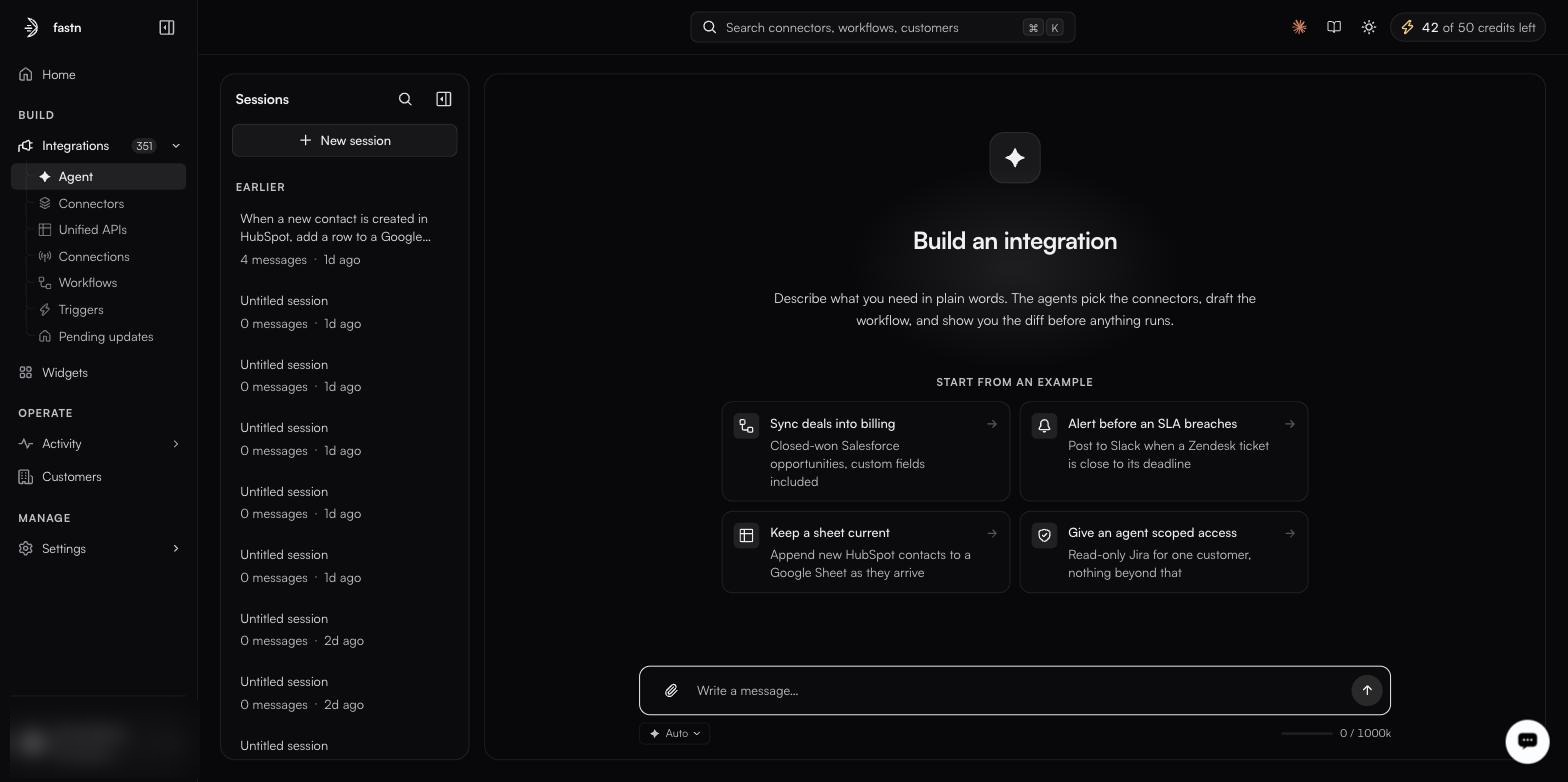 The Agent screen at /agent: the Sessions rail on the left listing earlier sessions, and a Build an integration pane with four START FROM AN EXAMPLE cards above a Write a message composer carrying an Auto chip and a 0 / 1000k context meter