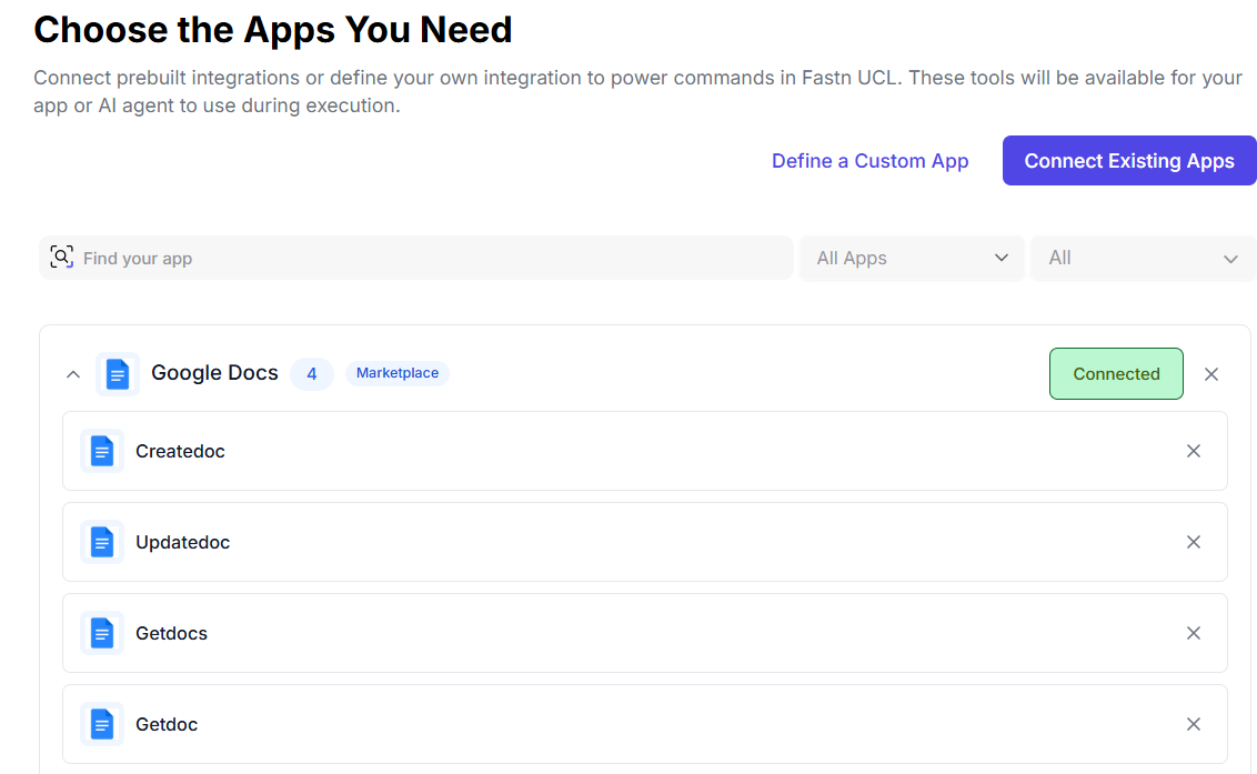 UCL dashboard displaying available actions for selected apps