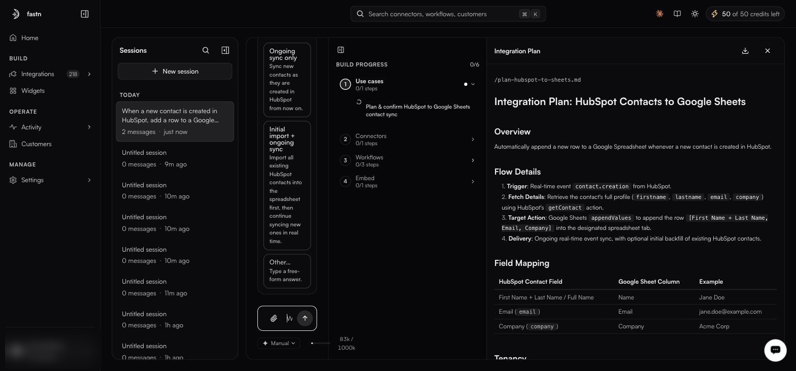 Three panels: the clarifying-question answer cards on the left, a BUILD PROGRESS tracker reading 0/6 with phases Use cases, Connectors, Workflows and Embed in the middle, and the Integration Plan document on the right showing Overview, Flow Details and a Field Mapping table