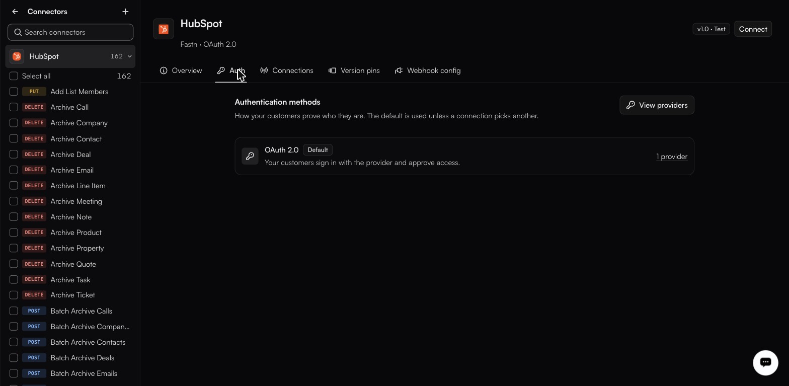 The HubSpot connector's Auth tab, headed Authentication methods, with a single row: OAuth 2.0 badged Default, 1 provider, and a View providers button top-right