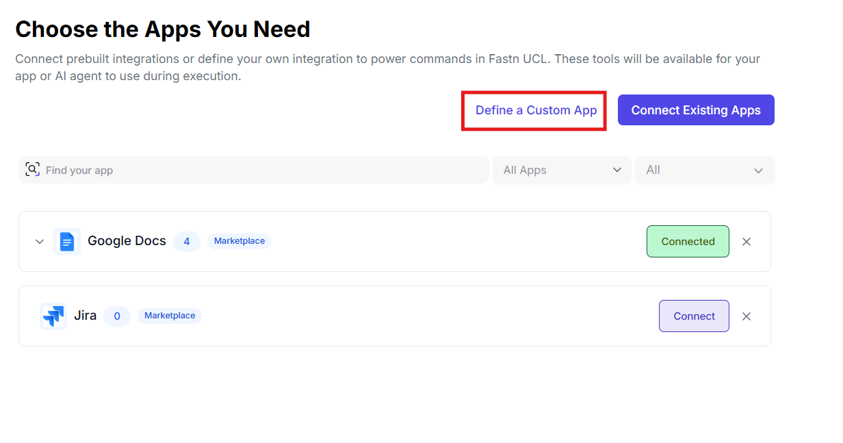 UCL interface for creating a custom app with preferred actions