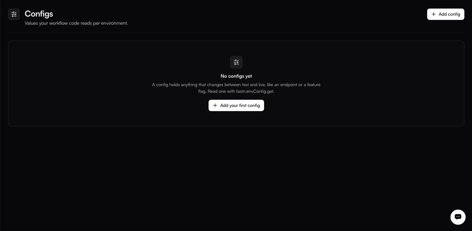 The Configs page holding only a No configs yet empty state, explaining that a config holds anything changing between test and live, with Add your first config centred and Add config top-right