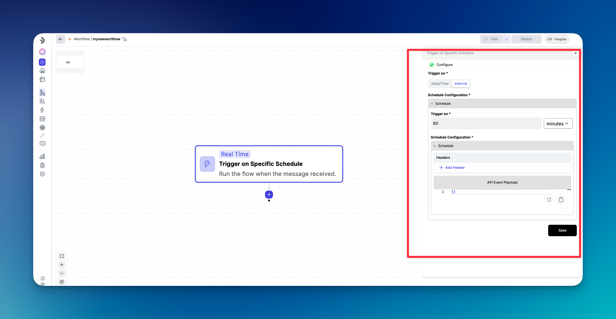 Flow builder canvas with a Trigger on Specific Schedule step and the interval configuration panel on the right
