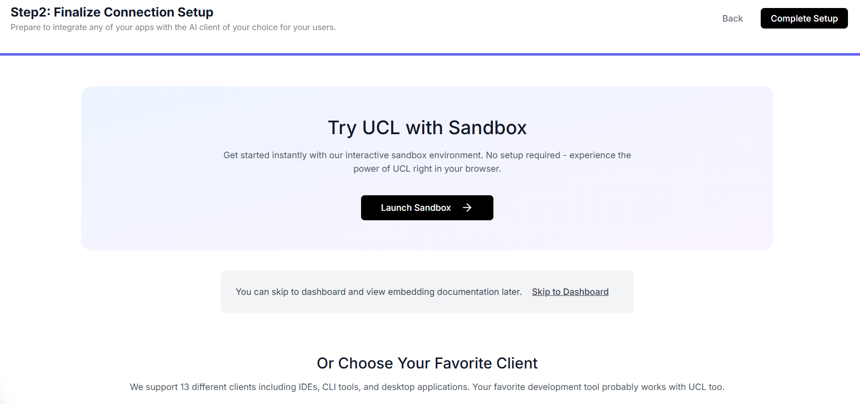 UCL connection setup screen for finalizing integration configuration