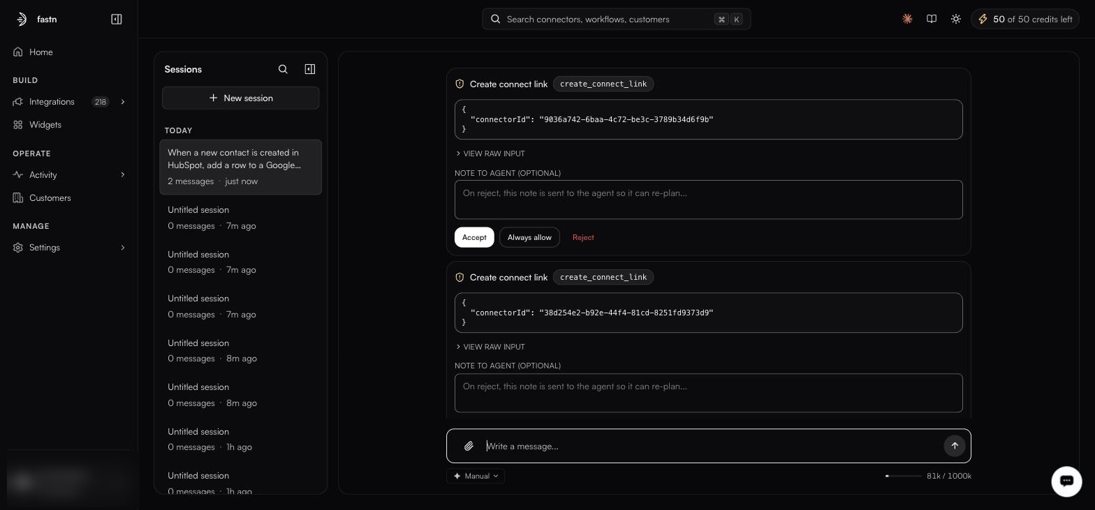 Two stacked approval cards, each headed Create connect link with the tool name create_connect_link, a JSON payload containing a connectorId, a VIEW RAW INPUT toggle, a note-to-agent textarea, and Accept, Always allow and Reject buttons