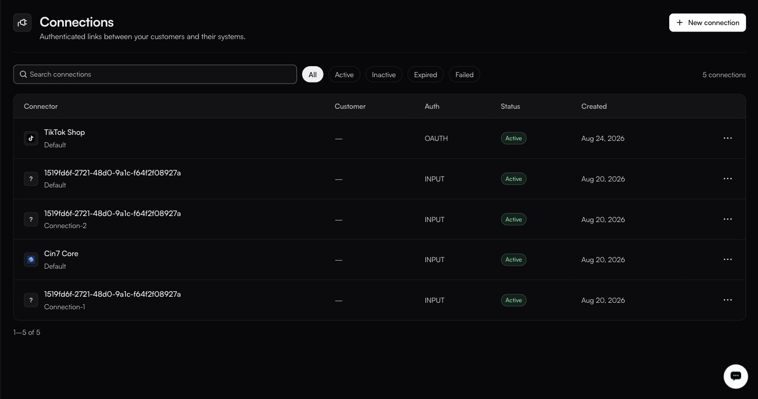 The Connections table, 5 connections, under Connector, Customer, Auth, Status and Created: TikTok Shop on OAUTH, Cin7 Core and three unnamed connector IDs on INPUT, every row Active with an em dash for Customer