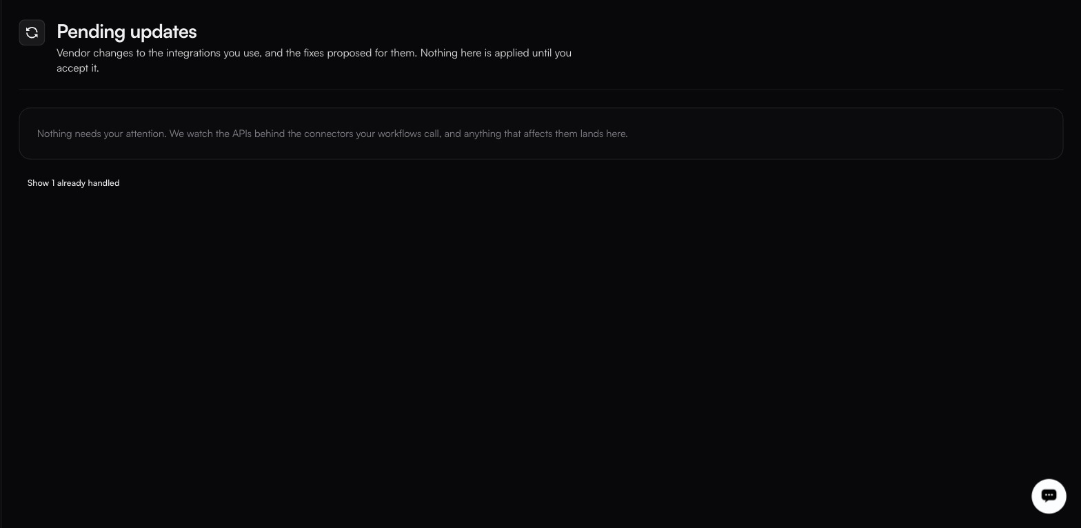 The Pending updates page in its empty state, reading Nothing needs your attention above a Show 1 already handled link that brings resolved proposals back into view