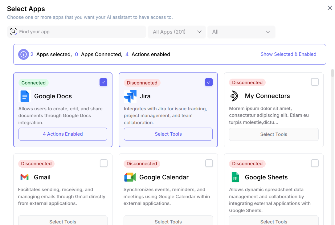 UCL app catalog for browsing and connecting available apps