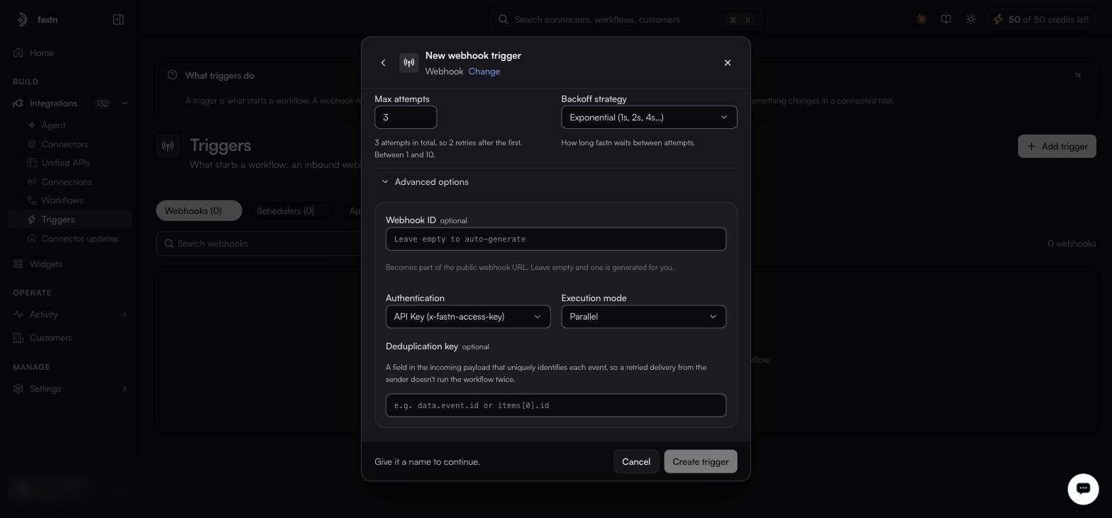 The webhook dialog scrolled to Max attempts 3 and Backoff strategy Exponential, with Advanced options open on Webhook ID, Authentication API Key (x-fastn-access-key), Execution mode Parallel and Deduplication key
