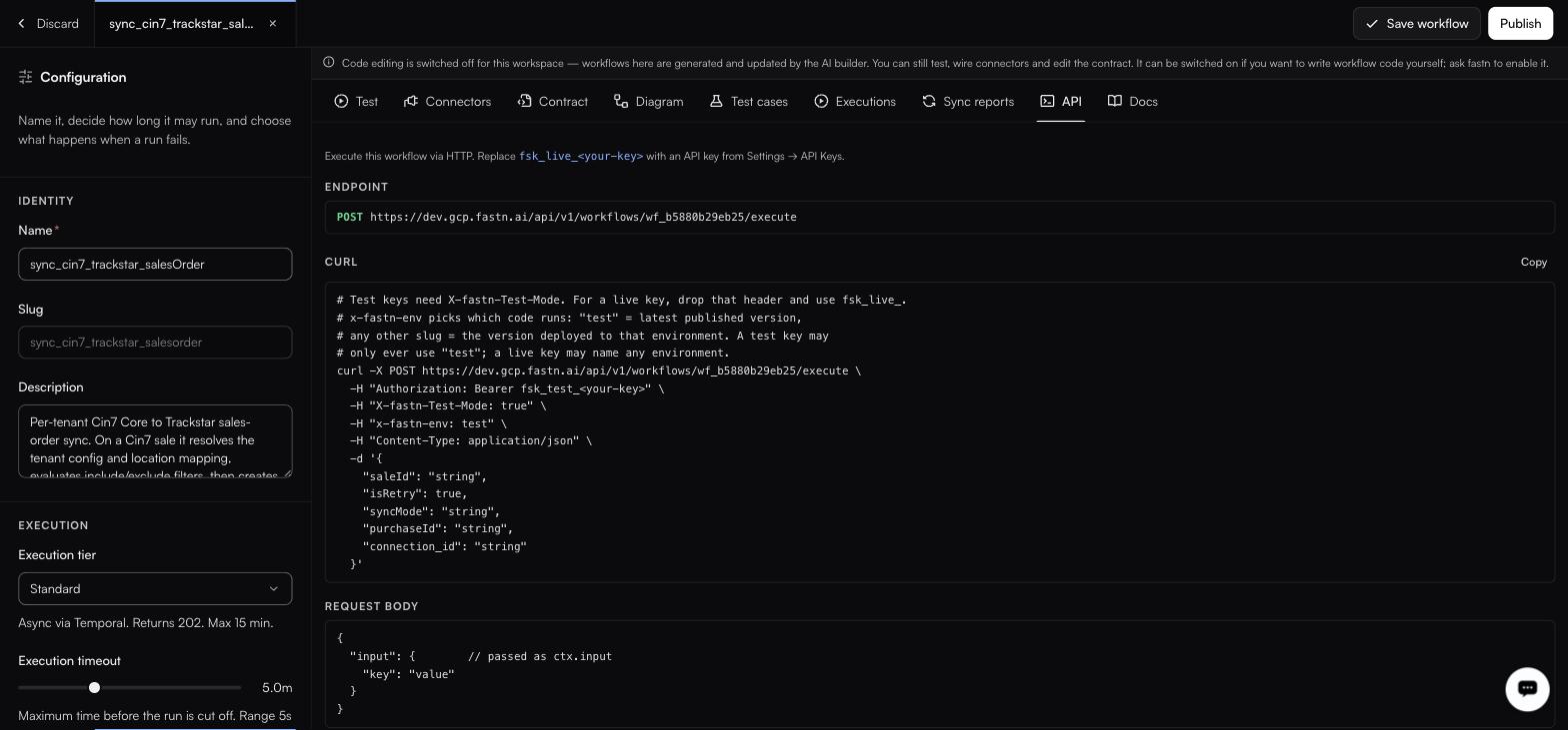 A workflow's API tab showing a POST endpoint ending /workflows/wf_b5880b29eb25/execute, a copyable curl carrying Authorisation, X-fastn-Test-Mode and x-fastn-env headers, and a Request body block