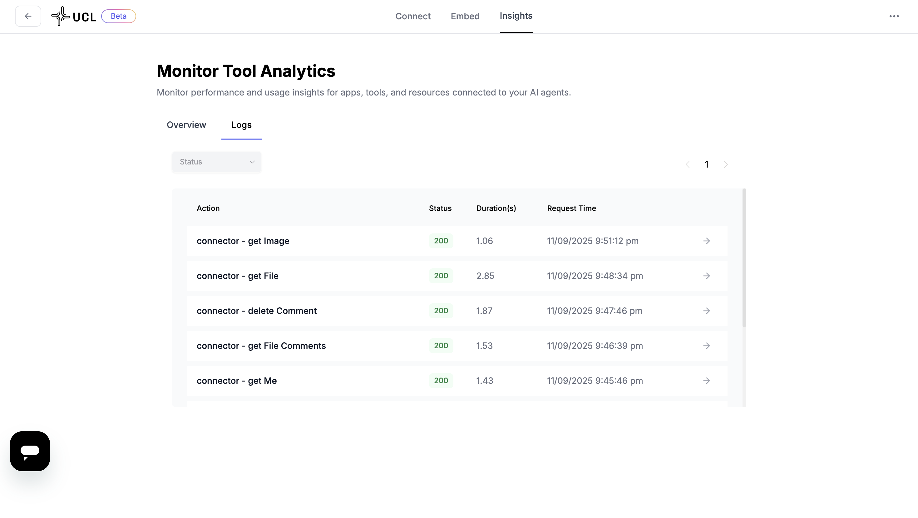UCL Insights Logs tab showing a table of connector actions with status codes, durations, and request times