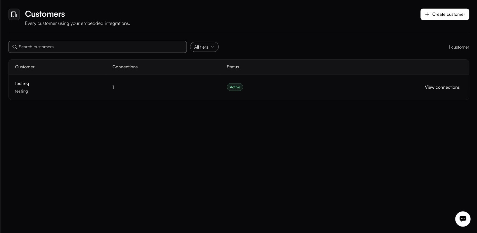 The Customers table with a single row: testing, identifier testing underneath, 1 connection, status Active, ending in View connections, with an All tiers filter and a 1 customer count above