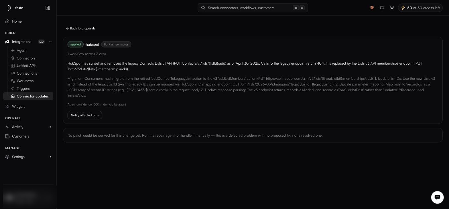 An applied hubspot proposal tagged Fork a new major, covering 1 workflow across 3 orgs, explaining the retired Contacts Lists v1 API and three numbered migration steps, with a Notify affected orgs button