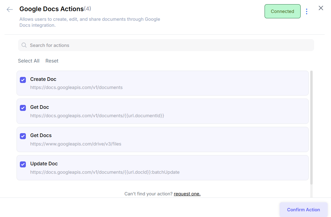 UCL app selection panel with checkboxes, Select Tools, and Confirm Action buttons