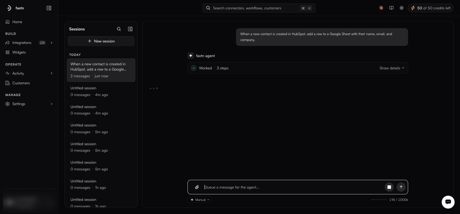 An agent session: the Sessions rail on the left listing the current build and earlier sessions, the conversation on the right with a collapsed Worked · 3 steps summary, and the approval-mode chip and context meter under the composer