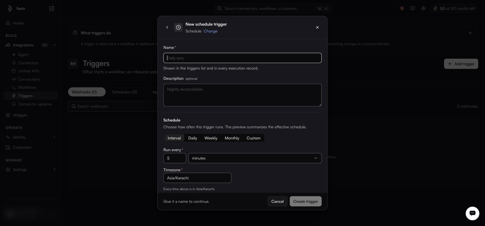 The New schedule trigger dialog with Name and Description fields, mode pills Interval, Daily, Weekly, Monthly and Custom, Run every set to 5 minutes, and Timezone Asia/Karachi