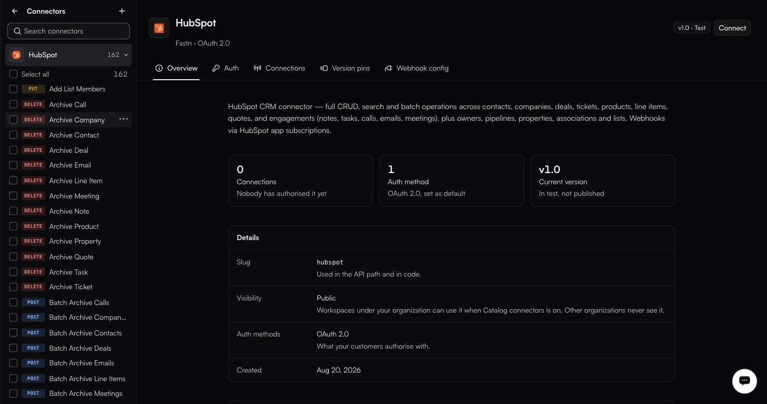 The HubSpot connector's Overview tab: tiles reading 0 Connections, 1 Auth method and v1.0 Current version, over a Details table giving slug hubspot, Visibility Public and Created Aug 20, 2026
