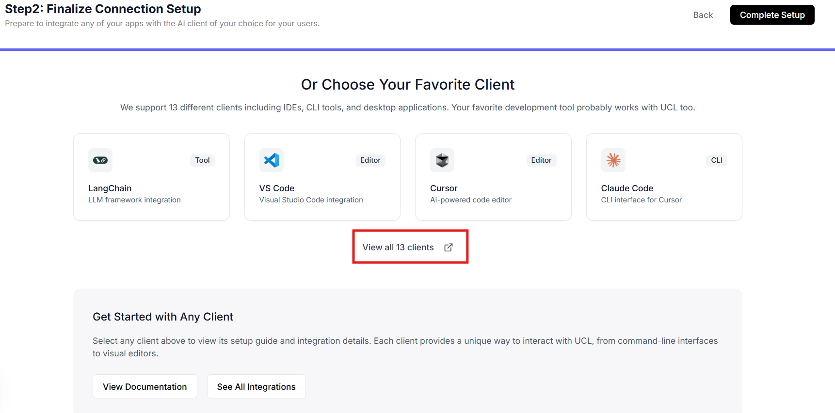 UCL setup options showing Sandbox and Favorite Client choices for testing