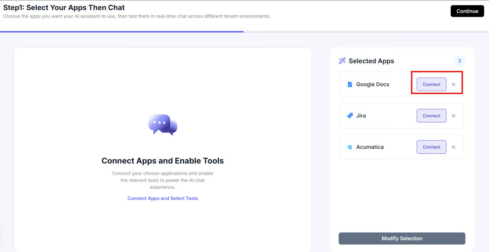 UCL app selection interface showing selected apps with Connect buttons