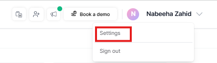 Fastn profile dropdown menu with the Settings option highlighted