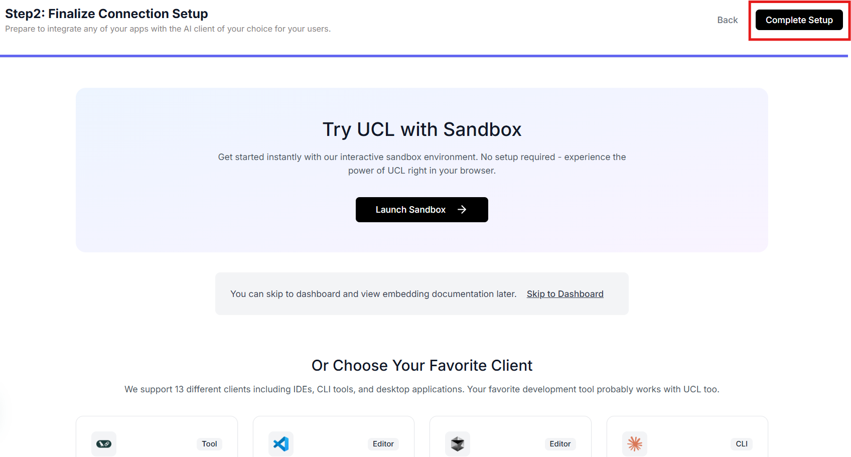 UCL setup page with Complete Setup button in the top-right corner