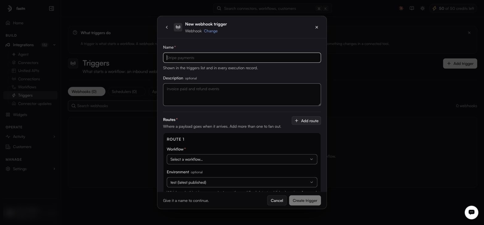 The New webhook trigger dialog with Name and Description fields above a Routes section, an Add route button, and ROUTE 1 showing an unset Workflow select and Environment test (latest published)