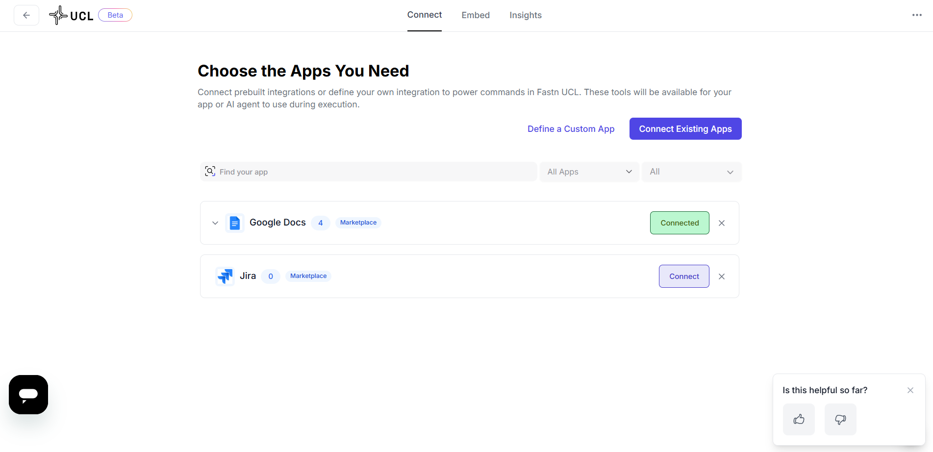 UCL Connect page showing selected apps and enabled actions on the dashboard
