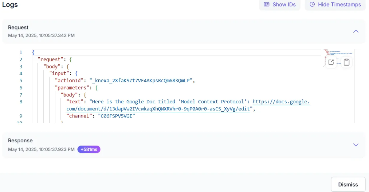 Expanded log entry showing request JSON with action ID, parameters, and response timing details