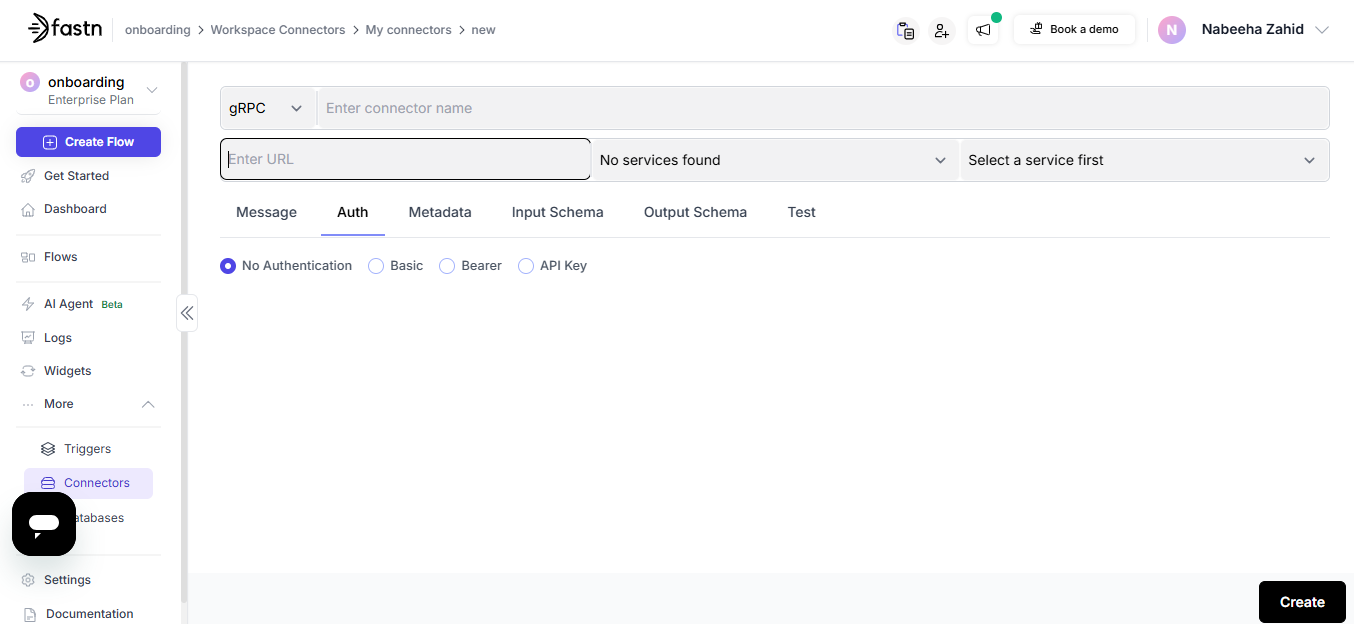 gRPC API Connector configuration interface for connecting to gRPC-based services