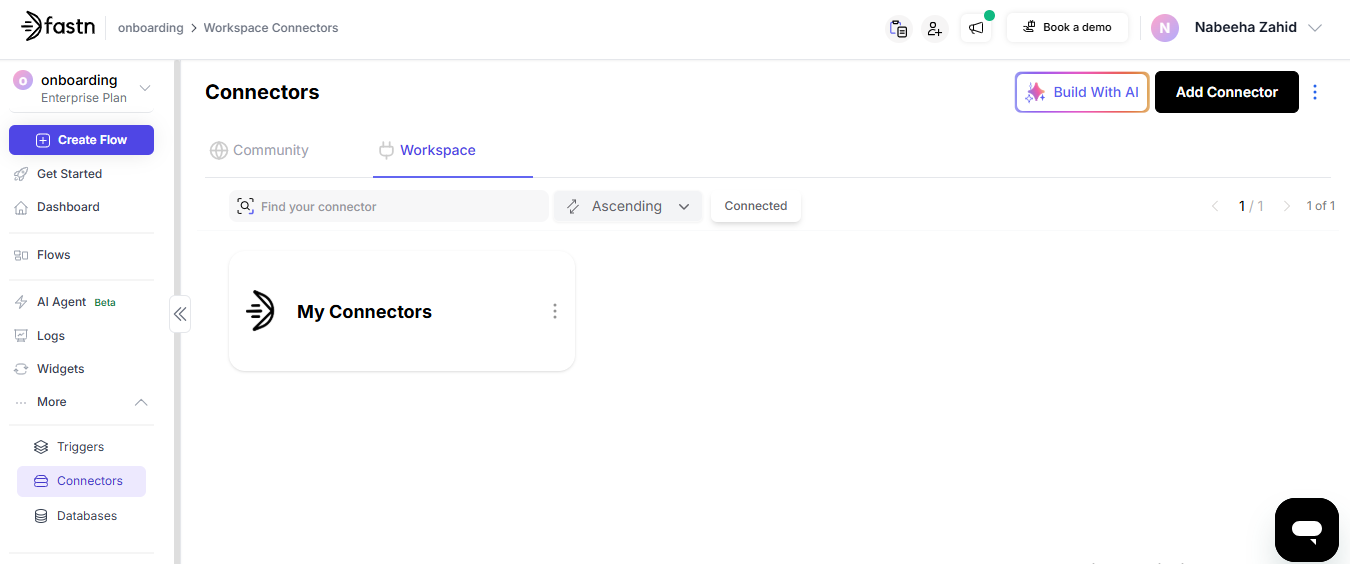 Workspace Connectors page with Add Connector button and Build with AI option