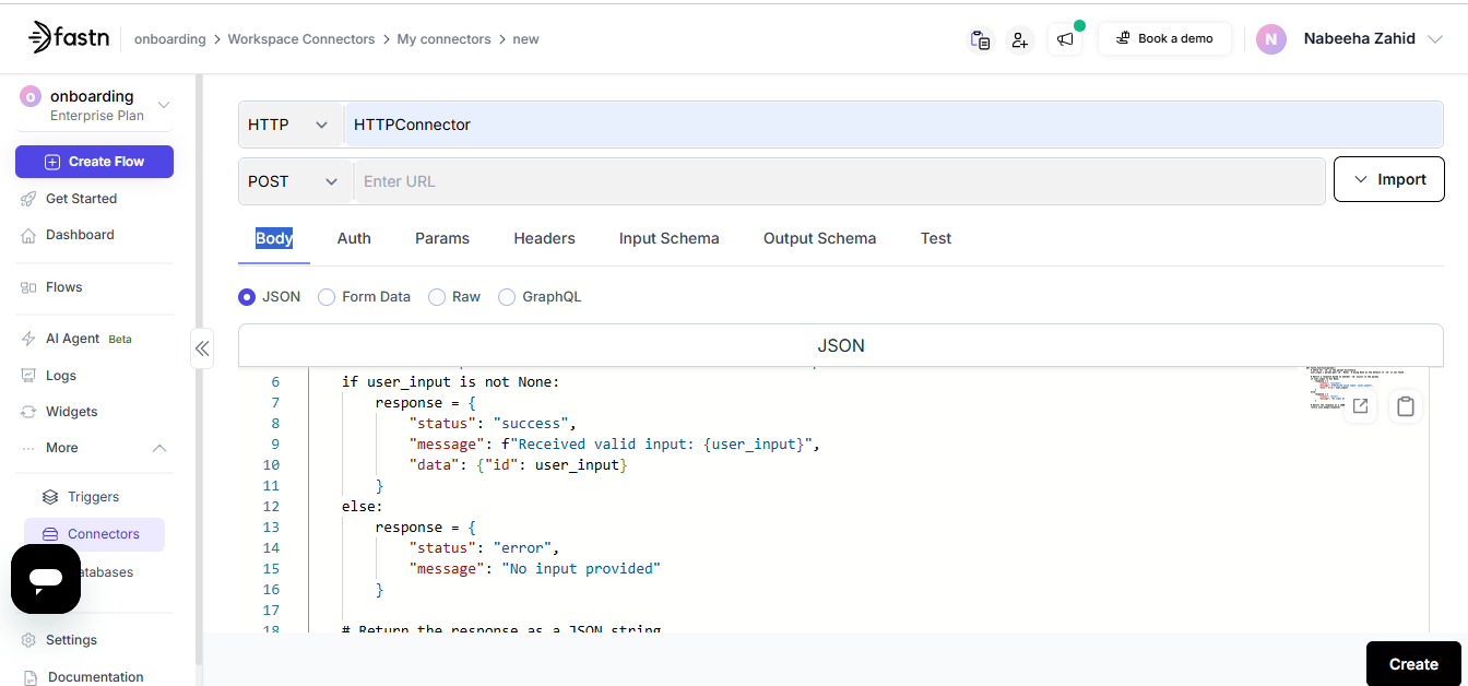 HTTP API Connector setup with URL field and JavaScript code editor for defining API calls