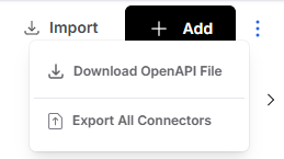 Connector options menu showing export, import, and download OpenAPI file actions